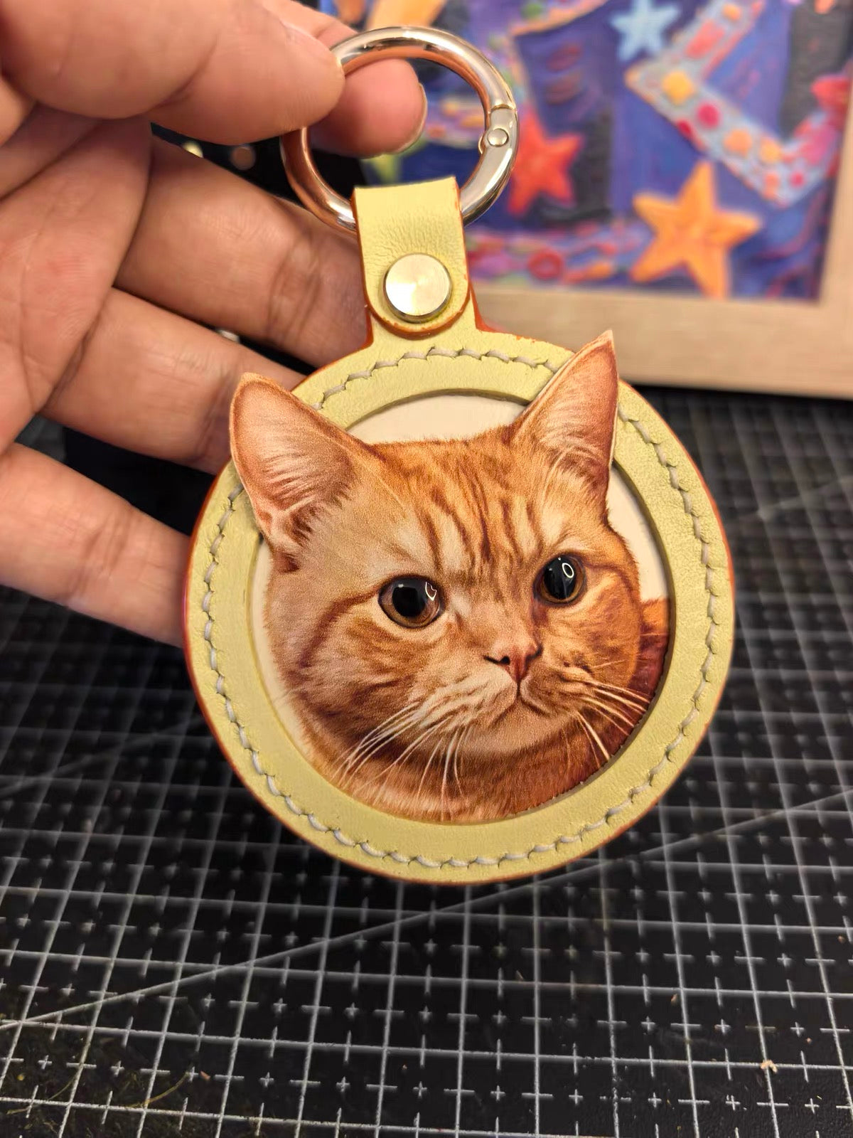 Round handcrafted custom pet leather carving